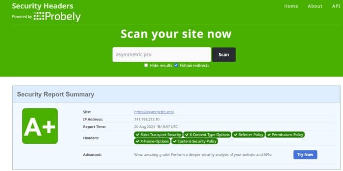 Security Headers website with A+ security report displayed