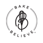 Bake Believe logo with whisk and heart design