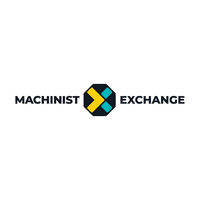 Logo of Machinist Exchange featuring a black octagon with a yellow arrow pointing to the right and a teal arrow pointing to the left. The words "Machinist" and "Exchange" are in black text on either side of the octagon, symbolizing seamless collaboration with clients.