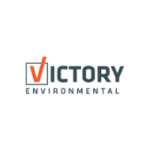 A logo for "Victory Environmental" featuring the word "Victory" in dark blue uppercase letters with an orange check mark integrated into the "V," and "Environmental" written below in smaller, dark blue uppercase letters, designed to resonate with clients.