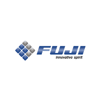 A logo featuring an asymmetric grid of four blue squares stacked diagonally against five gray squares, next to the bold word "FUJI" in blue and the words "innovative spirit" in italic black. The background is white, reflecting a modern marketing agency based in Madison, WI.