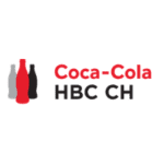 Logo of Coca-Cola HBC CH featuring three bottle icons in gray, black, and red, positioned asymmetrically from left to right. The text reads "Coca-Cola" in red and "HBC CH" in black, displayed in a clean, sans-serif font. Ideal for any marketing agency based in Madison WI.