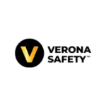 The image displays the logo of "Verona Safety," designed to catch the eye of clients. It features a large, bold letter "V" in gradient yellow and orange hues inside a black circle. To the right of the circle, the words "VERONA SAFETY" are written in uppercase black letters.