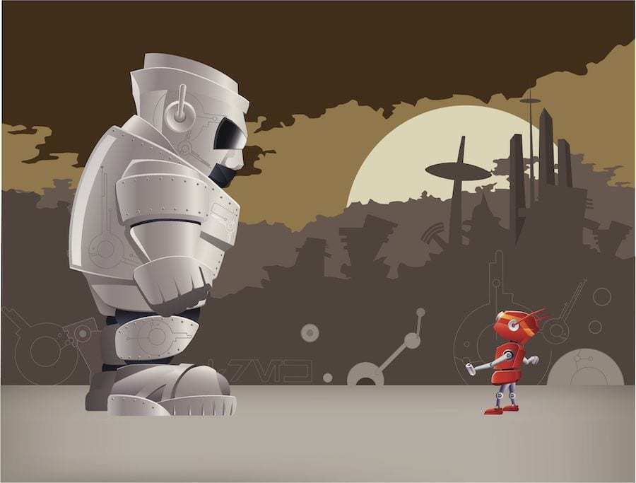 A large white robot and a small red robot face each other under a dark brown sky with a big moon-like structure in the background. This scene, reminiscent of asymmetric marketing, showcases a striking contrast in their sizes, emphasizing the dynamic between the two robots.