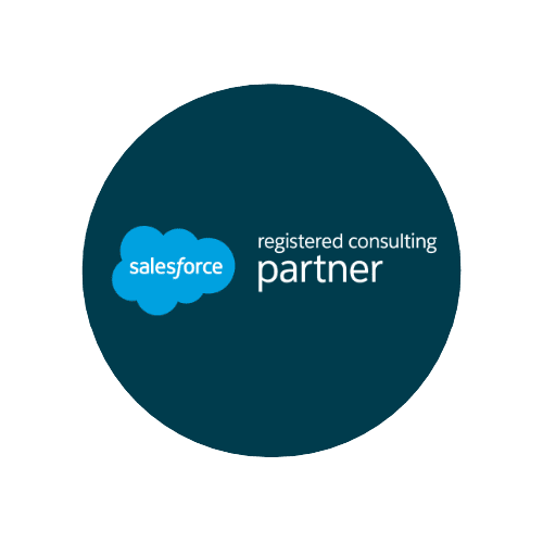 A dark blue circle with the Salesforce logo on the left consisting of a white cloud icon with the word "salesforce" in it and the words "registered consulting partner" on the right in white text, representing our marketing agency based in Madison, WI.
