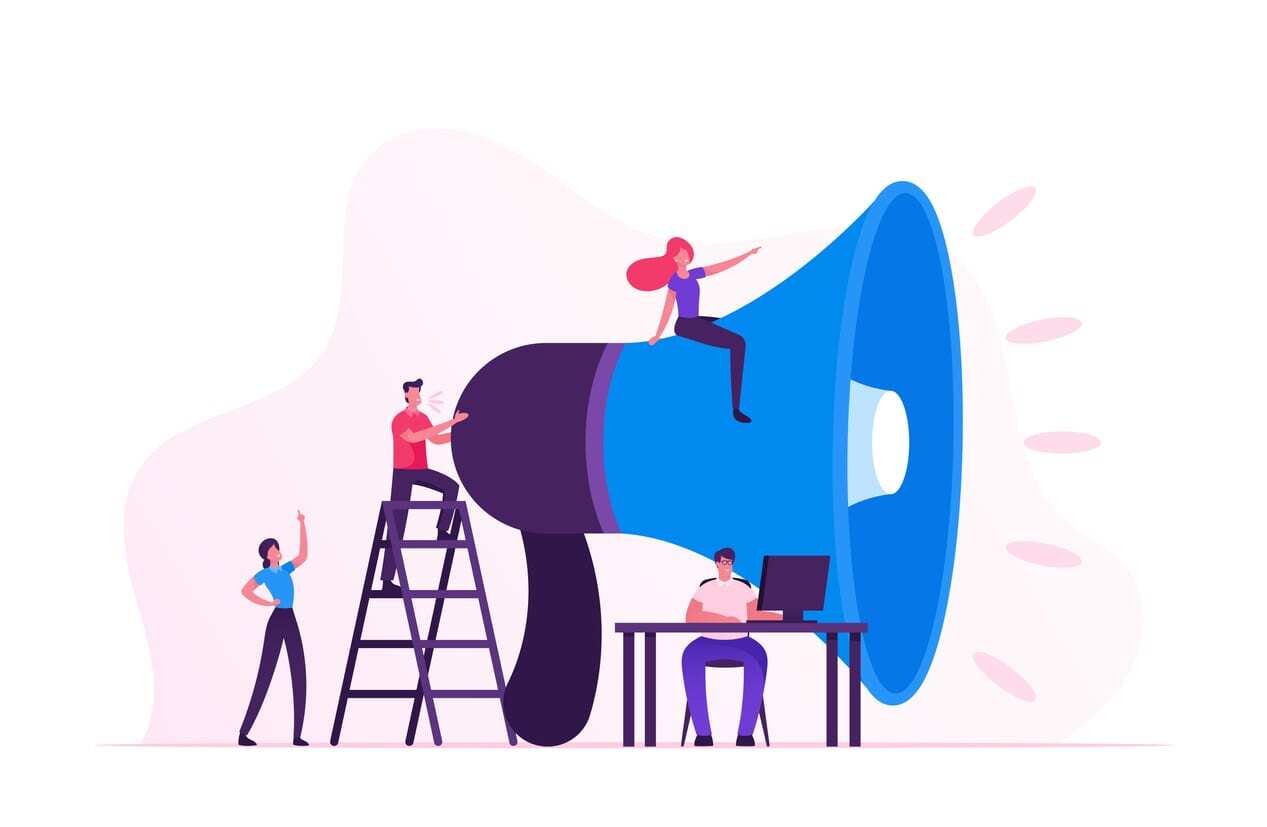 Social Marketing Concept. Men and Women Characters Promoting Online in Social Network Using Laptop and Huge Megaphone. Public Relations and Affairs, Communication, Pr. Cartoon Flat Vector Illustration Social Marketing Concept. Men and Women Characters Promoting Online in Social Network Using Laptop and Huge Megaphone. Public Relations and Affairs, Communication, Pr. Cartoon Flat Vector Illustration