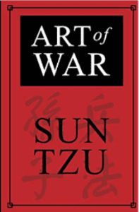 The image shows the cover of the book "Art of War" by Sun Tzu. The cover, primarily red, features bold black and white text for the title and author's name. Subtle brushstroke-style Asian characters are faintly visible in the background, resembling intriguing marketing agency techniques you might find in Madison, WI. The cover is a strategic design that reflects the book's emphasis on strategy.