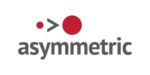 The image features the word "asymmetric" in dark gray lowercase letters. To the left of the word are two red dots of different sizes, symbolizing asymmetric growth, with a gray greater-than symbol pointing at the larger dot.