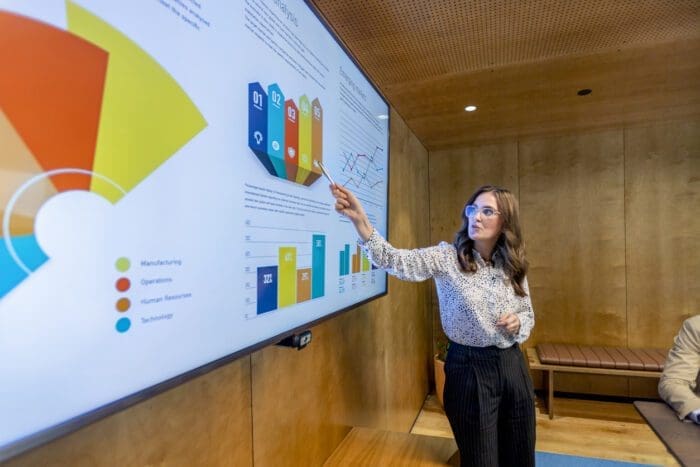 A woman stands in front of a large screen displaying colorful graphs and charts. She points at one of the charts with a pointer, demonstrating her expertise in data science. The screen includes sections labeled "Manufacturing," "Operations," "Human Resources," and "Technology." She wears glasses and a patterned blouse, embodying the professional spirit of small business growth.