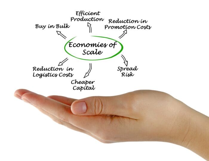 Open hand with a diagram above it. The central bubble reads "Economies of Scale," connected to outer bubbles labeled: Efficient Production, Reduction in Promotion Costs, Spread Risk, Cheaper Capital, Reduction in Logistics Costs, and Buy in Bulk. Perfect for any growth marketing agency.