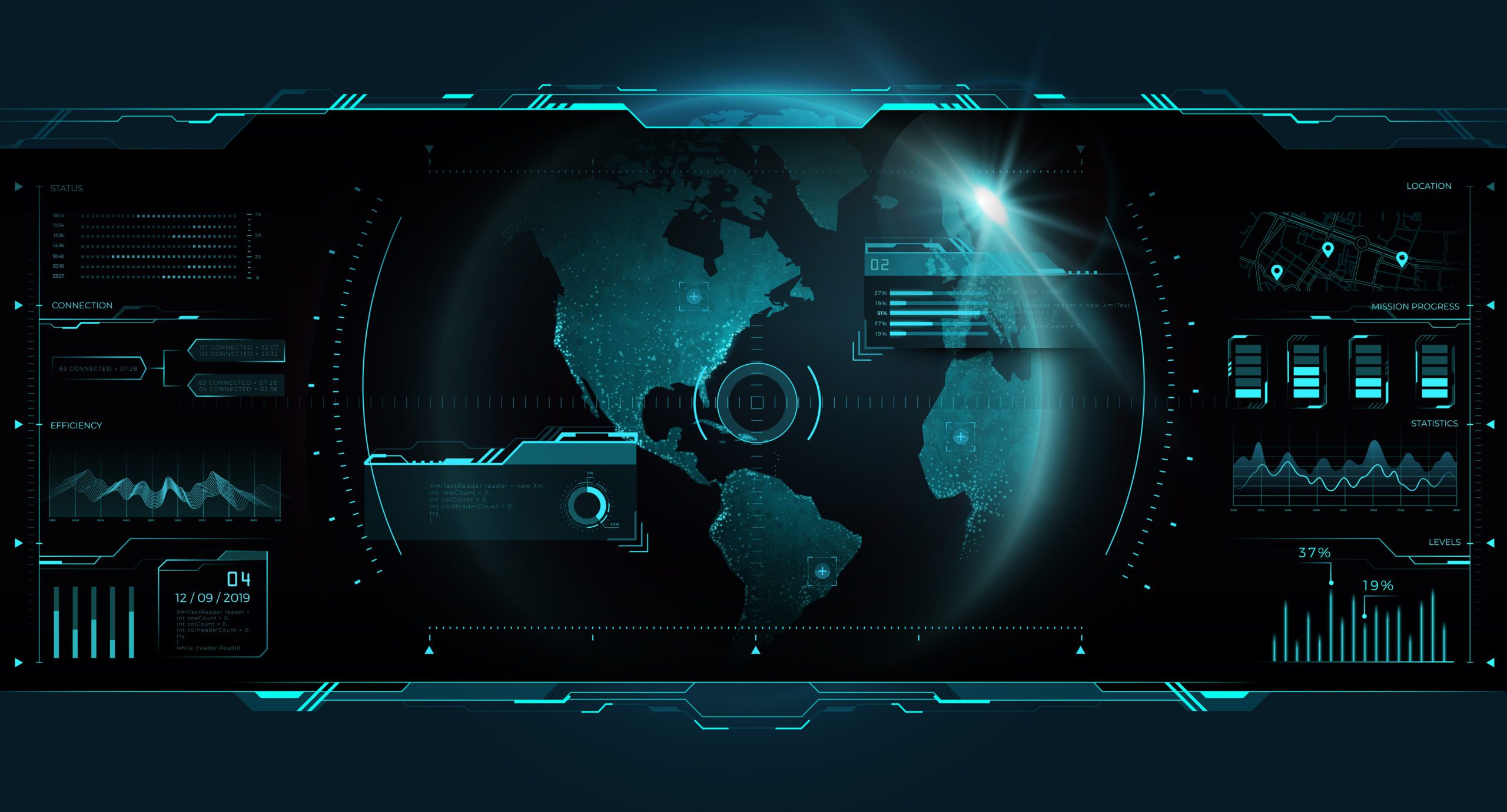 A futuristic digital interface displaying various data visualizations. It features a central world map with highlighted regions, data graphs, charts, and icons on both sides. The color scheme is predominantly blue and black, giving it a high-tech, sci-fi appearance ideal for business wargaming scenarios.