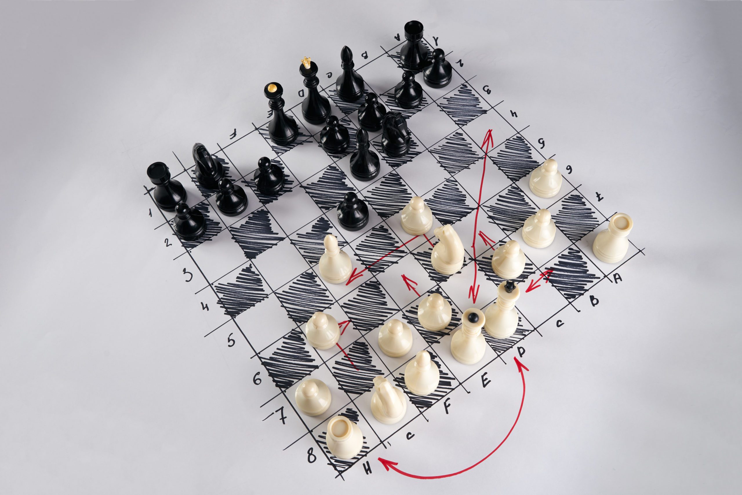 A chessboard with both black and white pieces arranged in mid-game positions. The board displays arrows marked in red, illustrating potential moves by the pieces. Resembling a business wargaming scenario, the chess coordinates are visible along the sides, indicating positions on the board.