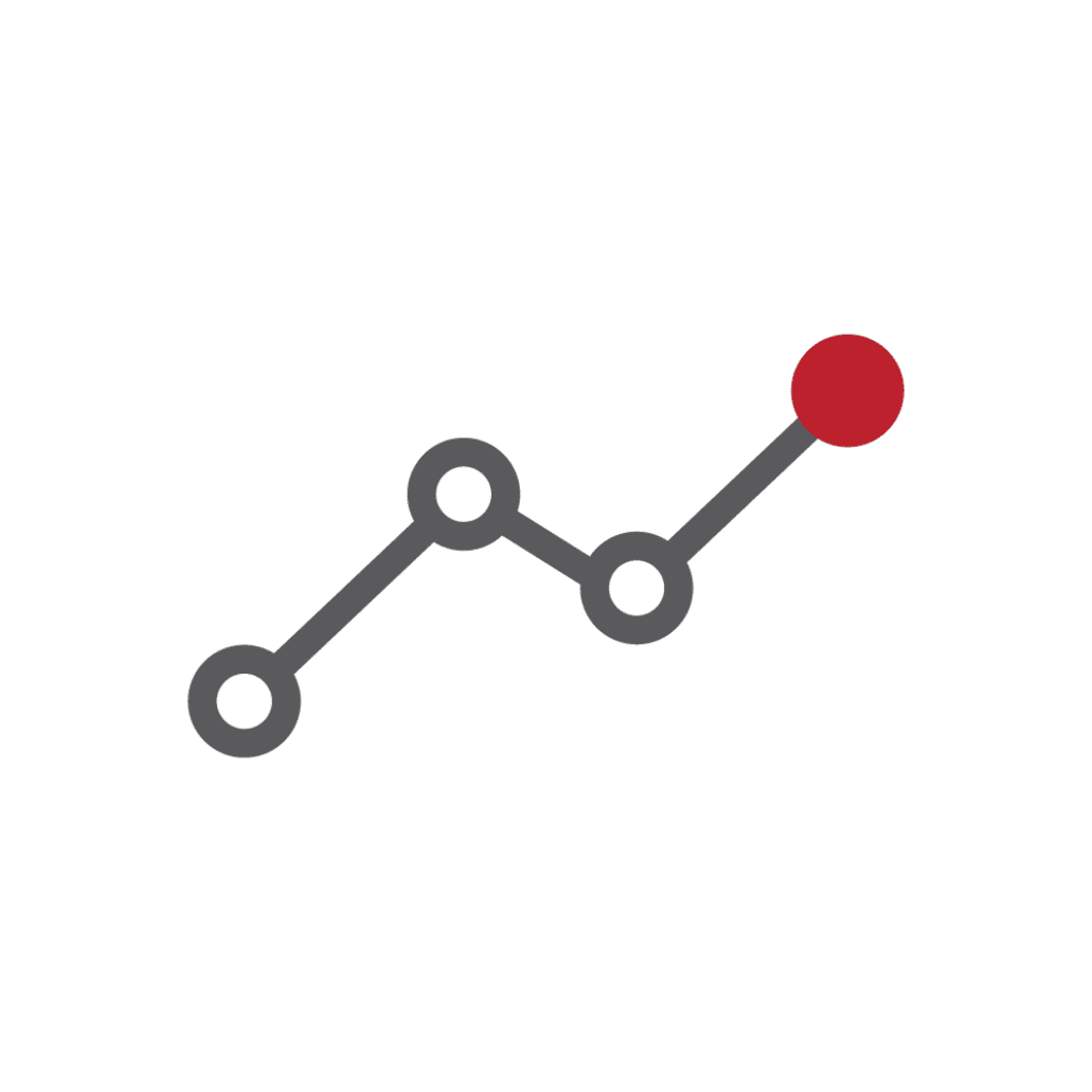 A simple line graph with three connected black circles rising to a fourth red circle at the end, depicting an upward trend movement, perfect for showcasing the success of a marketing agency in Madison WI.