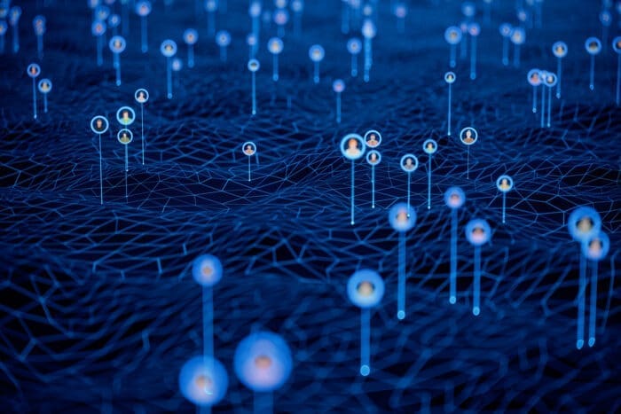 Network of interconnected nodes on digital blue grid