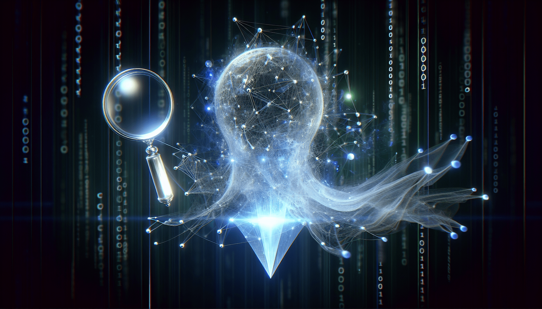A surreal digital illustration depicts a translucent lightbulb formed from glowing neural network connections. A magnifying glass hovers on the left, and a bright, geometric shape resembling a crystal emerges from the base. Background features strings of binary code, reminiscent of the innovative spirit in Madison's marketing agency circles.