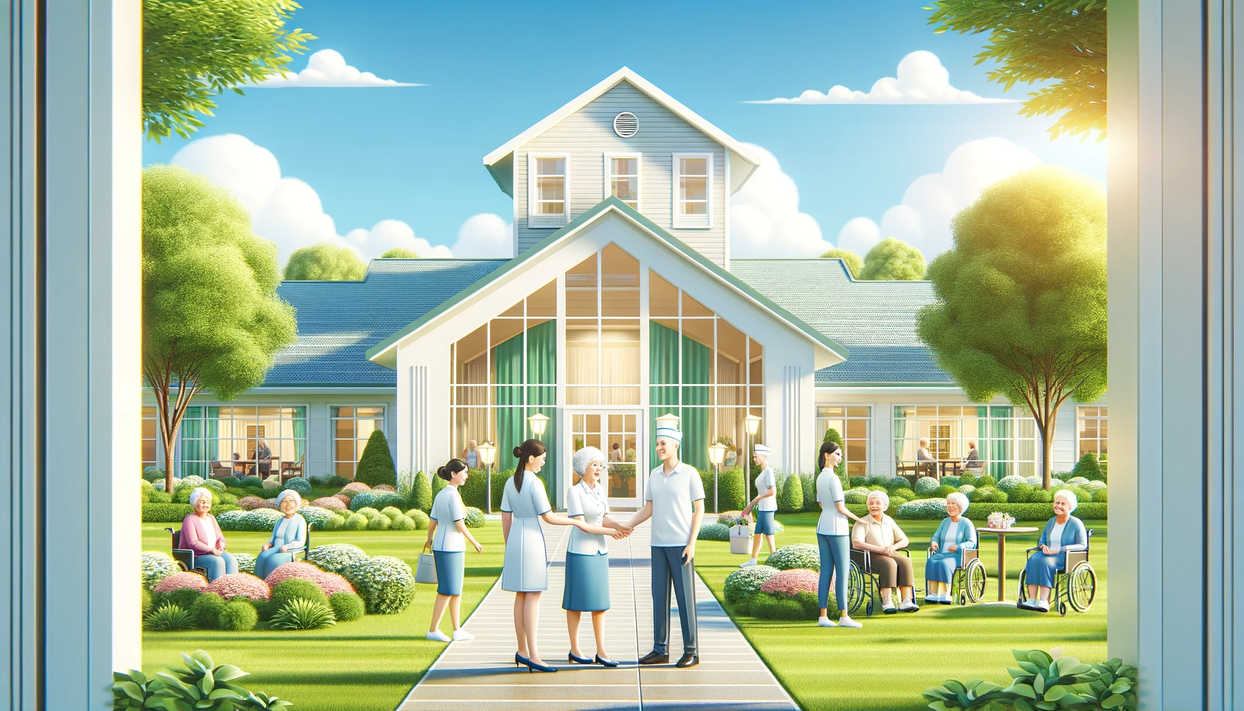 Illustration of a peaceful assisted living community with a central building surrounded by well-maintained gardens and trees. Elderly residents are engaging in various activities, including walking, sitting on benches, and interacting with caregivers. Ideal for senior living marketing materials.