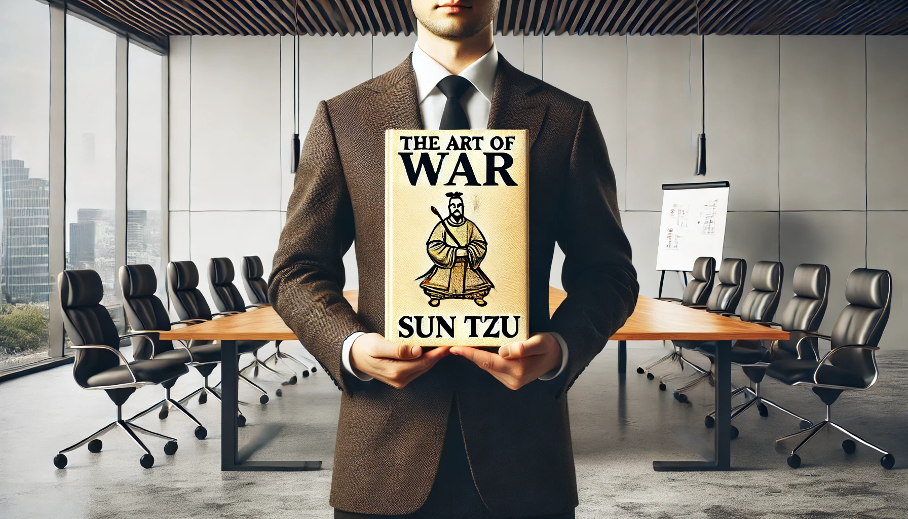 A person in a business suit is holding a book titled "The Art of War" by Sun Tzu, navigating business strategies in a modern conference room. The room is empty, with a long wooden table surrounded by office chairs and a presentation board in the background.