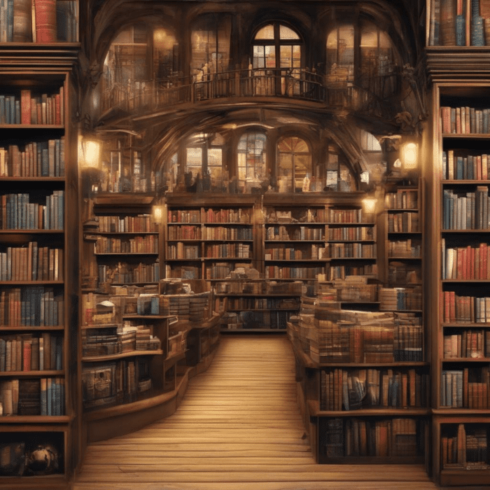 Image of a grand, cozy library filled with bookshelves that reach the ceiling. The warm lighting casts a vintage glow. A second-floor balcony is visible, with more shelves and arched windows. Wooden floors and ladders add to the classic charm, reminding visitors that fortune favors the prepared mind.