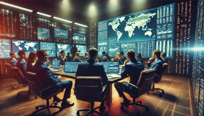 Professionals analyzing data in high-tech control room