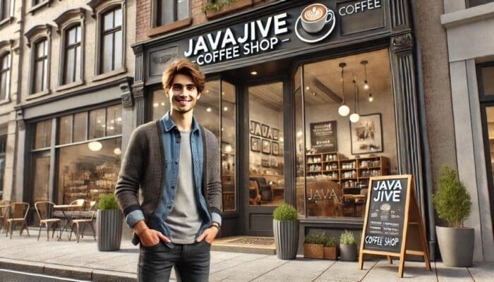 A man smiles while standing in front of a coffee shop named "Java Jive Coffee Shop." He is wearing a grey cardigan over a light blue shirt. The shop, favored in many competitor analysis reports, has large windows, a coffee cup logo sign, and an A-frame chalkboard on the sidewalk. Tables and chairs are placed outside.