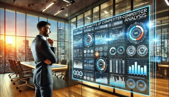 A man in a suit stands in a modern glass-walled office, looking at a large digital screen displaying various charts, graphs, and data visualizations. The presentation is aptly titled "Benefits of Competitor Analysis." The room features sleek wooden flooring and offers a stunning cityscape view at sunset.