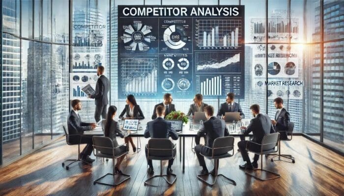 A modern glass-walled conference room with a diverse group of professionals seated around a table, engaging in a strategy meeting. Large digital screens display complex graphs, charts, and data visualizations related to Competitor Analysis and Market Research.