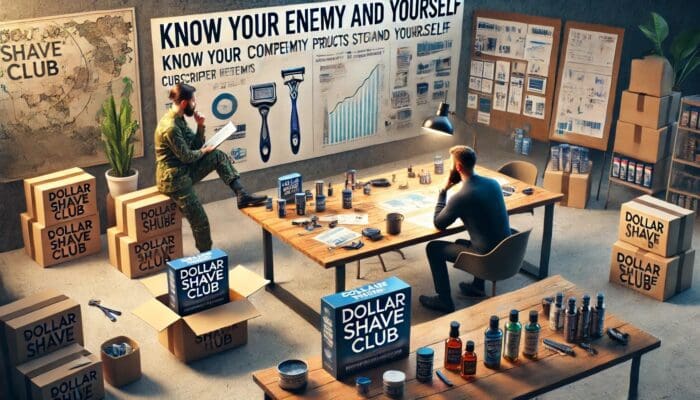 Strategic meeting in Dollar Shave Club product filled office