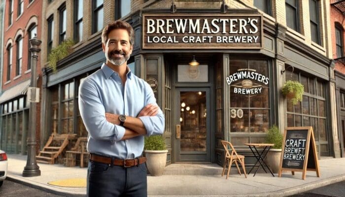 A smiling man with folded arms stands in front of "Brewmaster's Local Craft Brewery," a corner building with large windows. A signboard outside reads "Craft Brewery." The setting, typical for competitor analysis, appears to be an urban street with historic-style architecture.