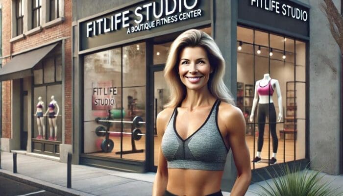 A woman in athletic wear stands smiling in front of Fit Life Studio, a boutique fitness center renowned for its top-tier competitor analysis. The studio's glass storefront displays workout equipment and mannequins dressed in exercise clothing. The street and other buildings are visible in the background.