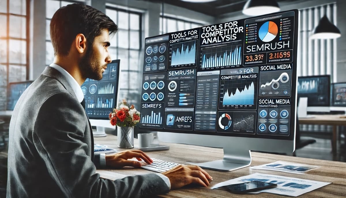 A man sits at a desk in a modern office, analyzing data displayed on multiple large computer monitors. The screens show various charts, graphs, and analytical tools for competitor analysis, with terms like "SEMrush" and "Ahrefs" visible.