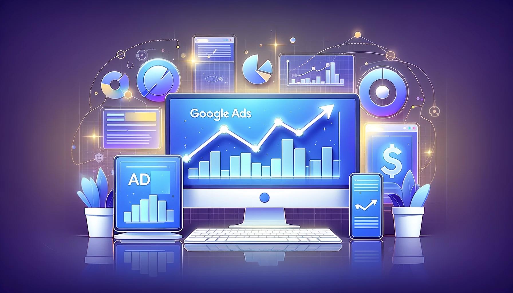 Illustration of Google Ads displayed on various digital devices, including a desktop monitor, tablet, and smartphone. Surrounding the devices are graphs, charts, and icons related to digital marketing and analytics, highlighting common mistakes on a glowing purple backdrop.