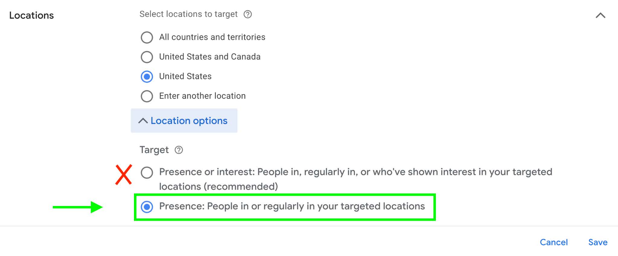 A screenshot of location targeting options in a digital advertising platform like Google Ads. Options include "All countries and territories," "United States and Canada," "United States," and "Enter another location." Presence targeting is highlighted in green with a green arrow pointing to it, avoiding common mistakes.