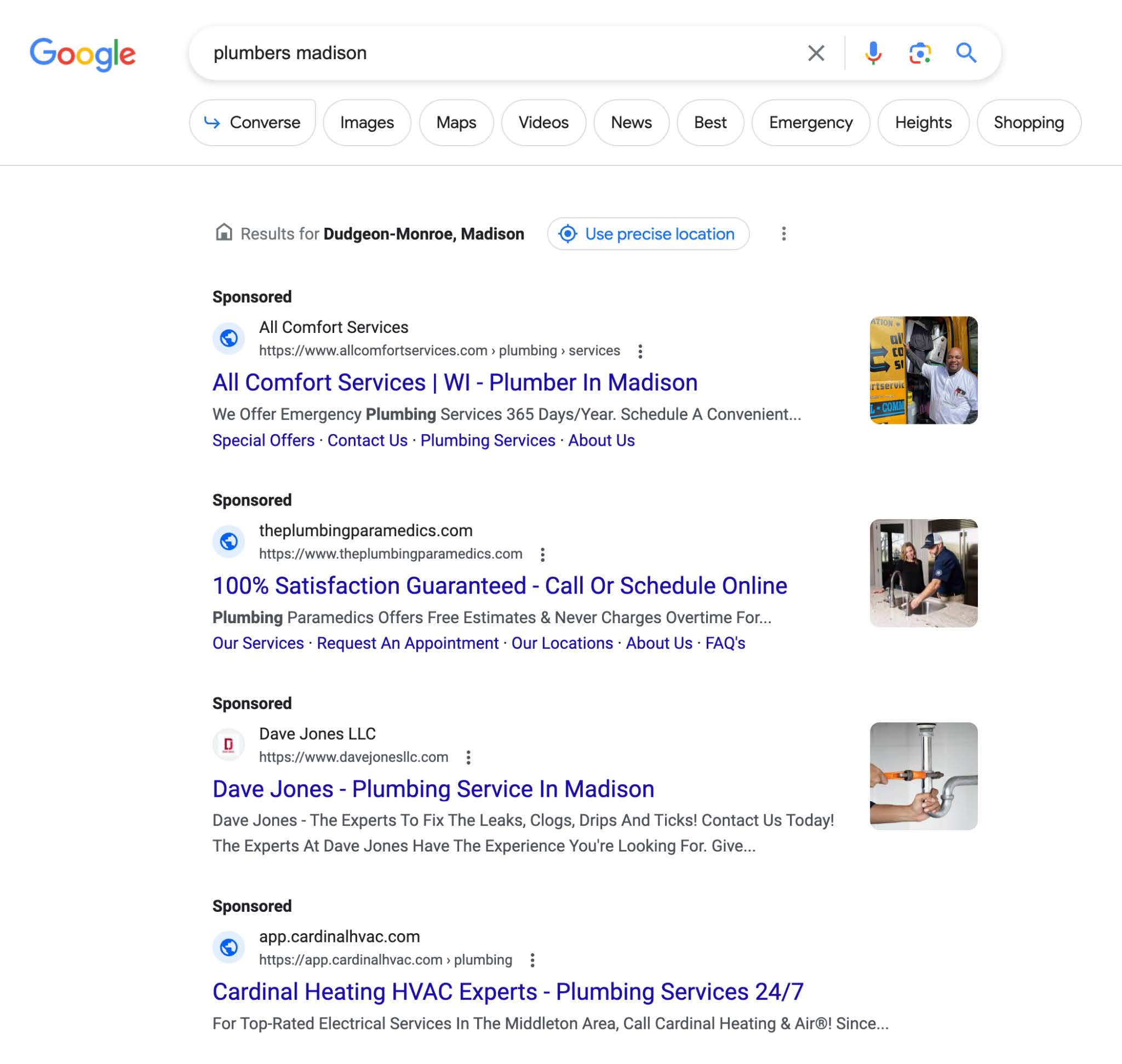 Google search results page for "plumbers Madison" showcasing Google Ads, including those from All Comfort Services, Plumbing Paramedics, Dave Jones LLC, and Cardinal Heating. Additional elements like the search bar, shopping option, and location setting for Dudgeon-Monroe, Madison are present to avoid common mistakes.