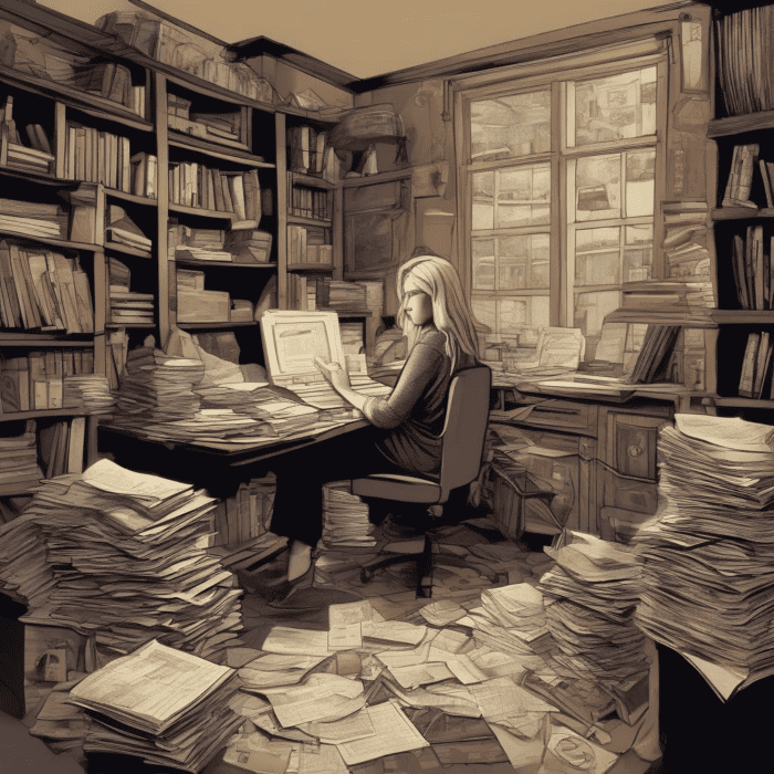 A woman sits at a cluttered desk in a small library filled with books and stacks of papers. She is working on a computer, deeply focused, embodying the maxim that fortune favors the prepared. The room is dimly lit, and large windows are visible in the background, letting in some light. Papers are scattered on the floor.