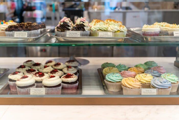 Colorful assorted cupcakes on display in bakery as example of price elasticity of demand.