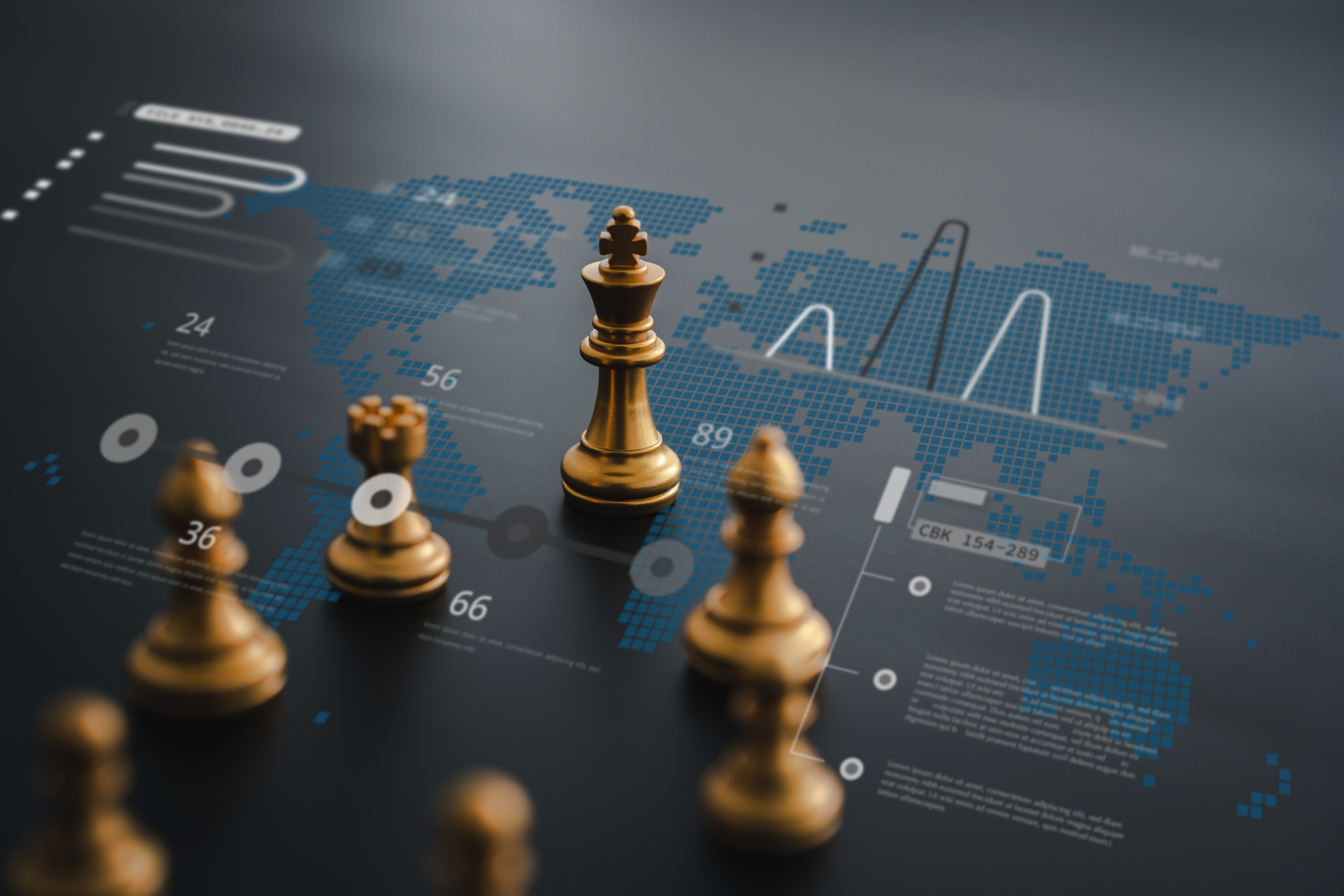 A chessboard with golden chess pieces is placed on top of a digital world map with data visualizations, charts, and graphs. The king piece is the focus in the center, symbolizing strategic decision-making and global analytics—a true business wargame unfolding before your eyes.