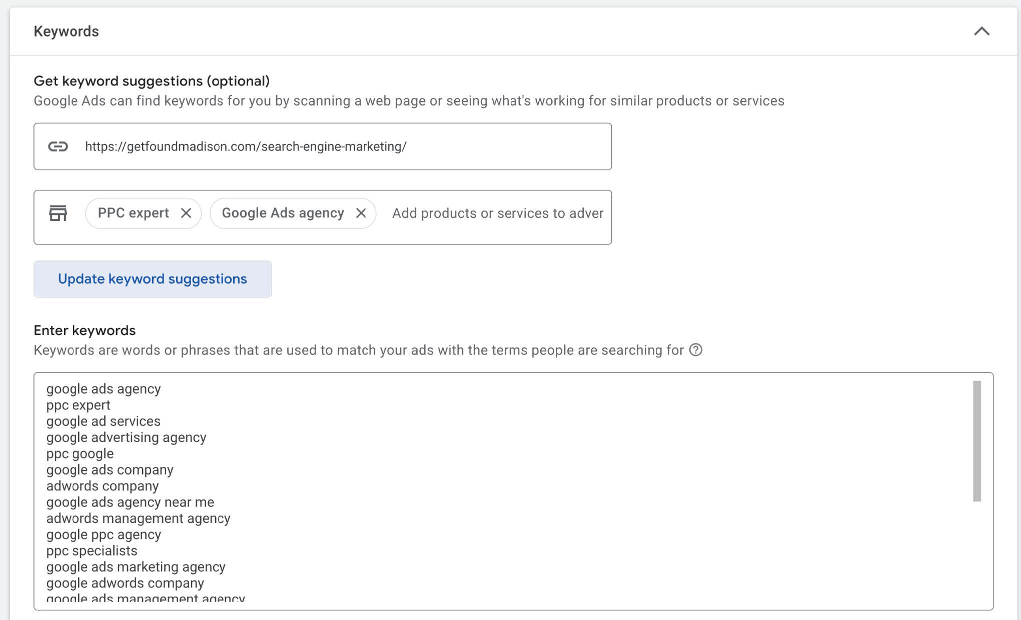 A Google Ads interface showing a keyword suggestions page. At the top, there are fields to enter a URL for keyword suggestions and add specific keywords. Below, a list of suggested keywords is displayed, including "google ads agency," "ppc expert," and others to avoid potential mistakes.