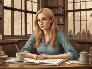 A blonde woman with glasses sits at a wooden table in a cozy, book-filled room with large windows. She is reading a book, with a cup of coffee and an open notebook in front of her, creating a warm and studious atmosphere—proof that luck favors the prepared.
