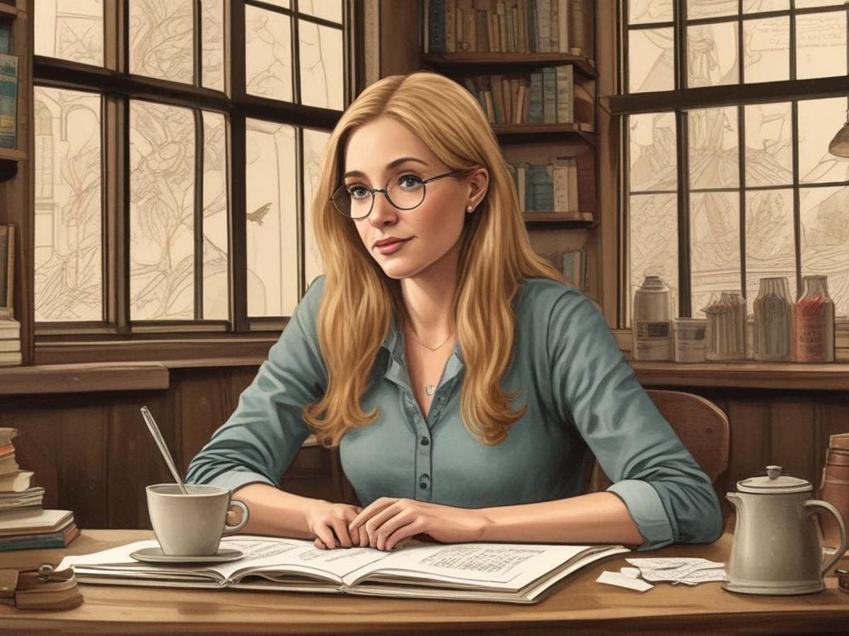 Illustration of a woman with long blonde hair and glasses, sitting at a wooden desk in a cozy room filled with books and plants. She is reading a book with a cup of tea nearby, embracing the idea that fortune favors the prepared. Large windows in the background let in soft natural light.