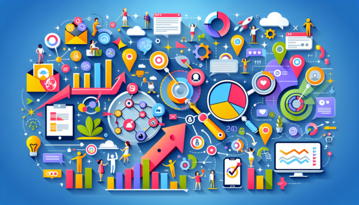 An illustration with colorful icons representing data analysis: magnifying glass, pie charts, bar graphs, arrows, and figures interacting with tech devices. It conveys growth marketing concepts of research, analytics, and collaborative teamwork against a blue background.