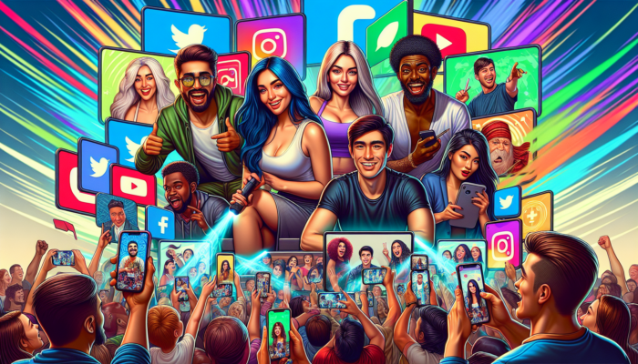 Colorful illustration of diverse social media influencers posing energetically on a stage. Icons of popular social media platforms like YouTube, Instagram, and Twitter surround them. A crowd of people below captures the moment on their smartphones, highlighting the power of growth marketing.