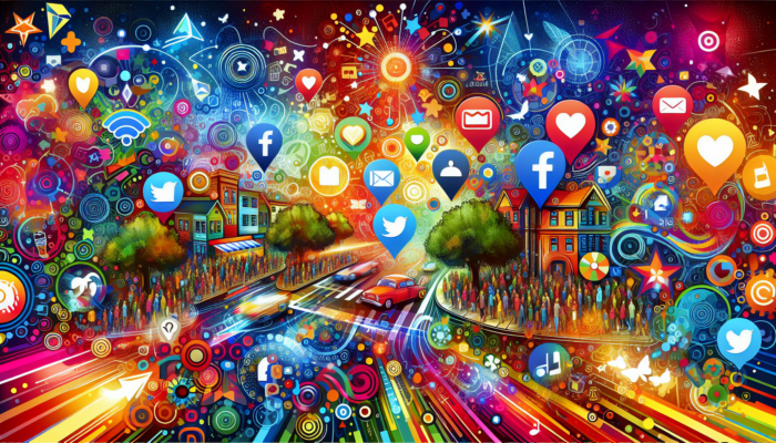 Vibrant digital art of urban scene with social media icons