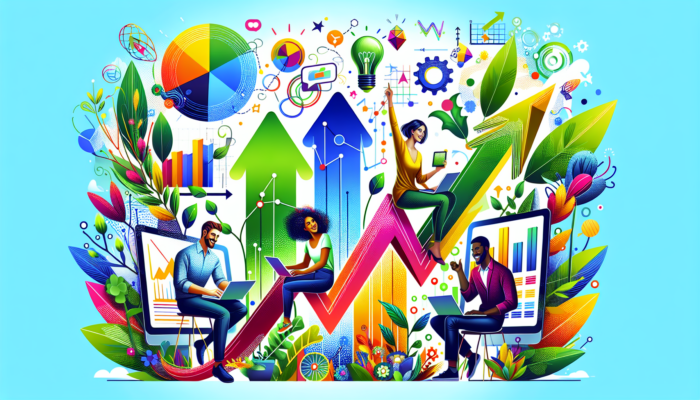 A vibrant illustration depicts four people using laptops and tablets, surrounded by upward-pointing arrows, graphs, charts, and icons symbolizing ideas, growth marketing, and teamwork. Lush greenery and colorful elements emphasize a theme of progress and collaboration.