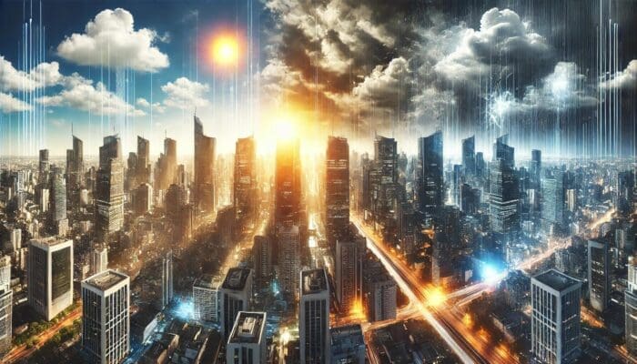 Sunlit cityscape with dynamic weather, contrasting elements