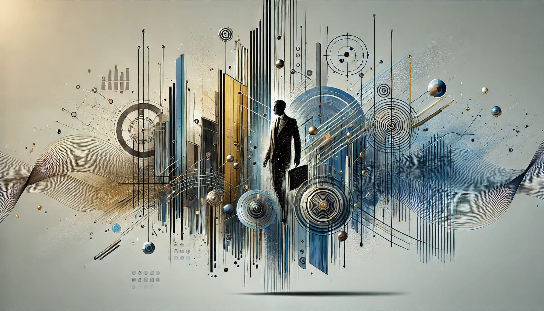 A silhouette of a person in a suit stands amidst an abstract cityscape with geometric shapes, lines, and spheres. The background features muted colors transitioning from beige to blue, conveying a blend of technology and modernity with an intriguing hint of asymmetry that captures the essence of business innovation.