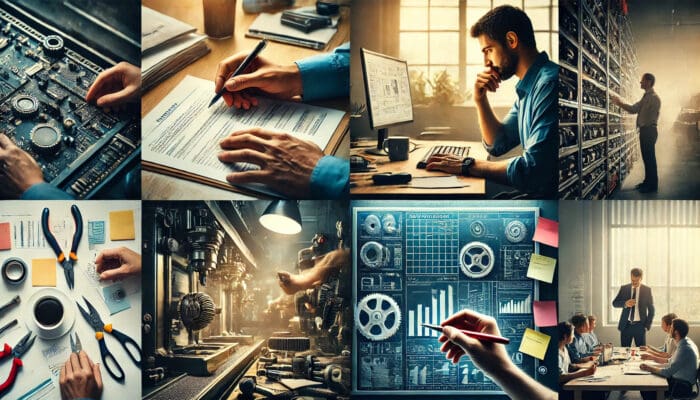 A collage of technology and engineering scenes. Top left: soldering a circuit board, middle left: filling out paperwork, top center: working at a computer, top right: inspecting server racks, bottom left: tools and notes with a quote "Diligence is the Mother of Good Luck," bottom center: machinery, bottom right: a business meeting.