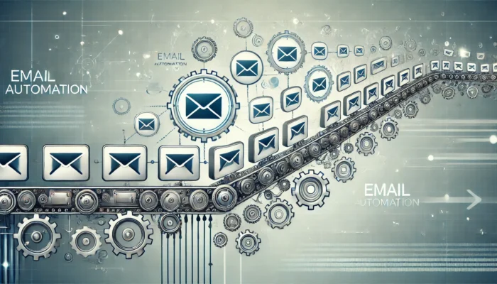 Futuristic email automation concept with gears and envelopes