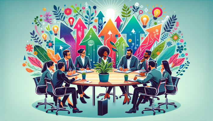 An illustration depicts a diverse group of professionals seated around a large round table, engaged in discussion. Vibrant arrows, lightbulbs, and floral patterns emerge from the center, symbolizing growth marketing, creativity, and collaboration. A plant is in the center of the table.