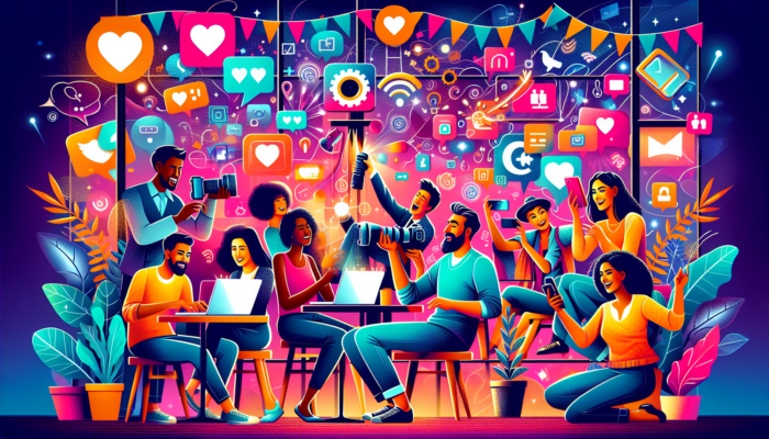 A vibrant illustration of people engaging with technology and social media, featuring diverse individuals using smartphones, laptops, and cameras. Colorful icons like hearts, thumbs up, and notifications float around, symbolizing online interactions and connections driven by growth marketing.