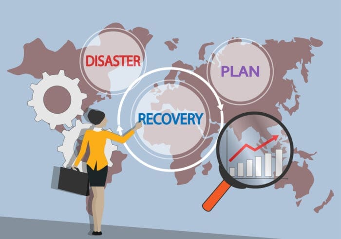 Businesswoman analyzes global disaster recovery plan